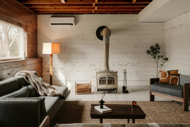 Renovated living room with a wood burner
